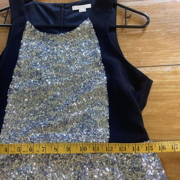 Tulle Black Silver Sequin Sleeveless Lined Fit & Flare Mini Dress Size L - Picture 7 of 8